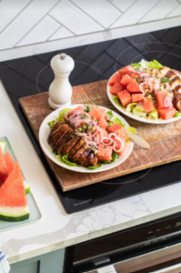 watermelon balsamic chicken salad on a sharp cooktop