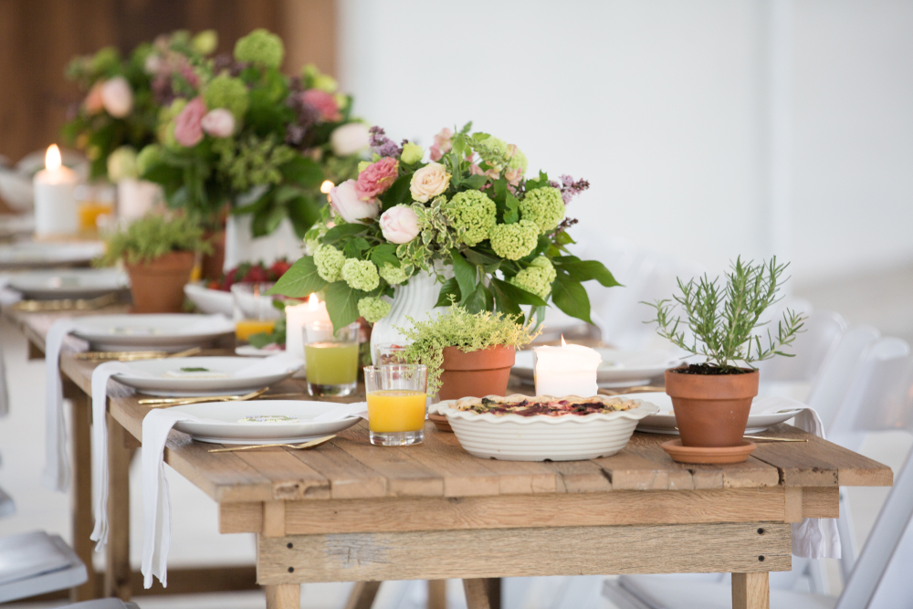 Brunch table spread with flowers