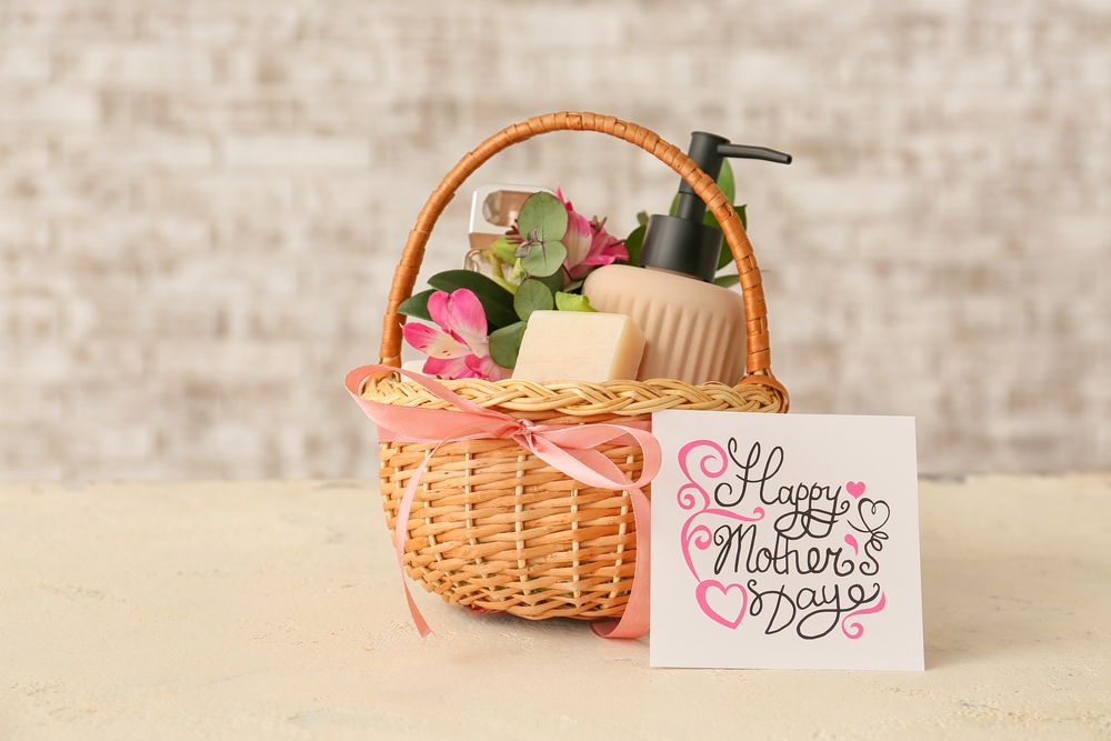 Mothers Day basket with body lotion and soaps and a card