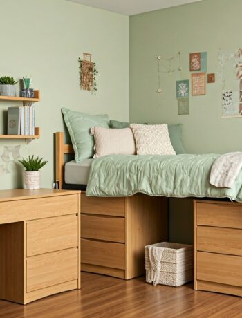 Image of a typical girls college dorm room decorated with light, sage green and tan, cream, earth-tone colors.