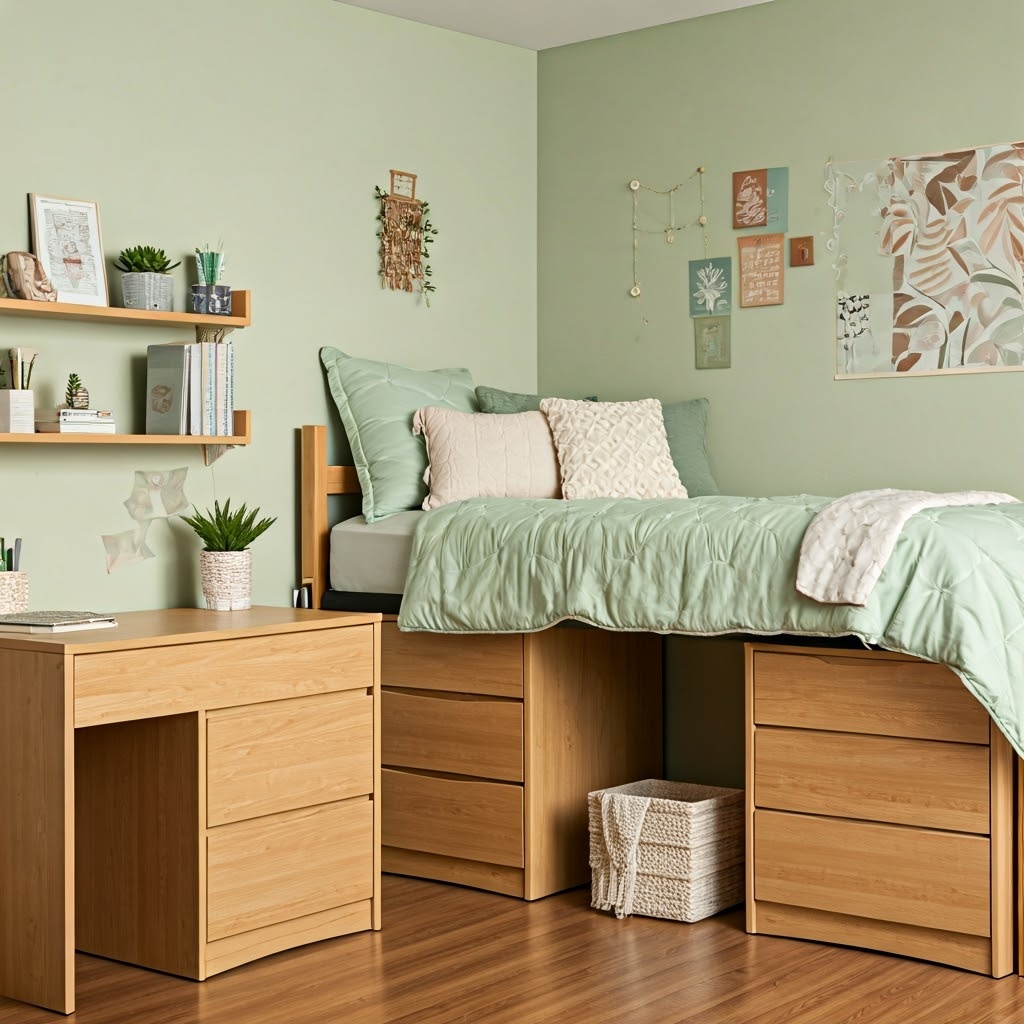 Image of a typical girls college dorm room decorated with light, sage green and tan, cream, earth-tone colors.