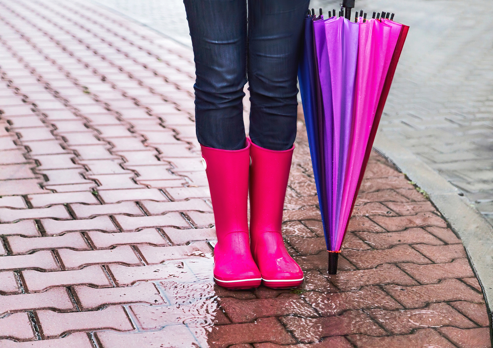 Colorful rainboots and umbrella in a rainy city