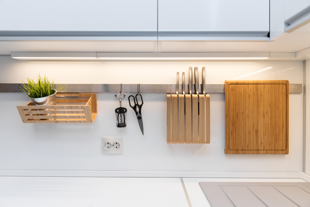 Wall mounted storage solutions in the kitchen