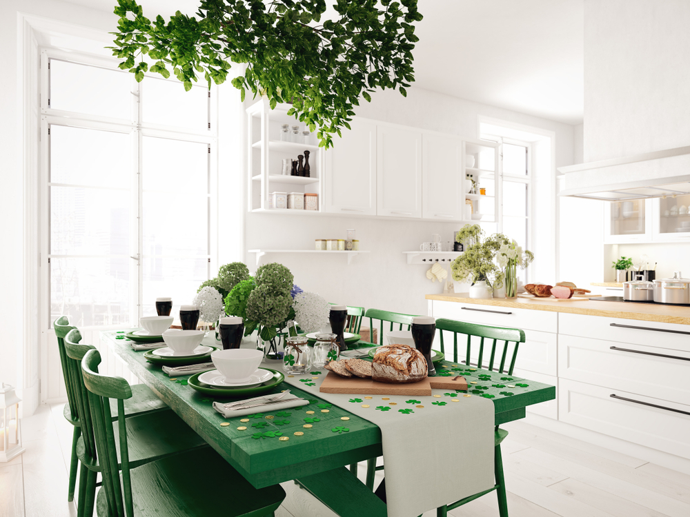Kitchen decorated with green table and St. Patricks Day decor