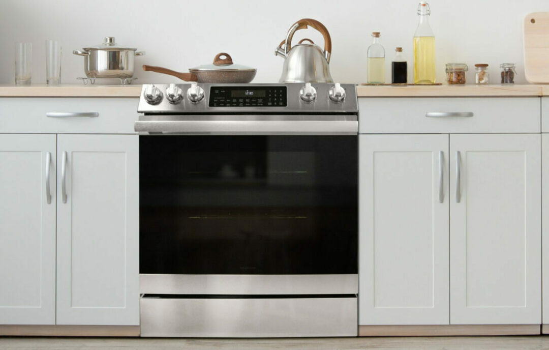 The Sharp 30 in. Gas Convection Slide-In Range with Air Fry (SSG3065JS) in a kitchen