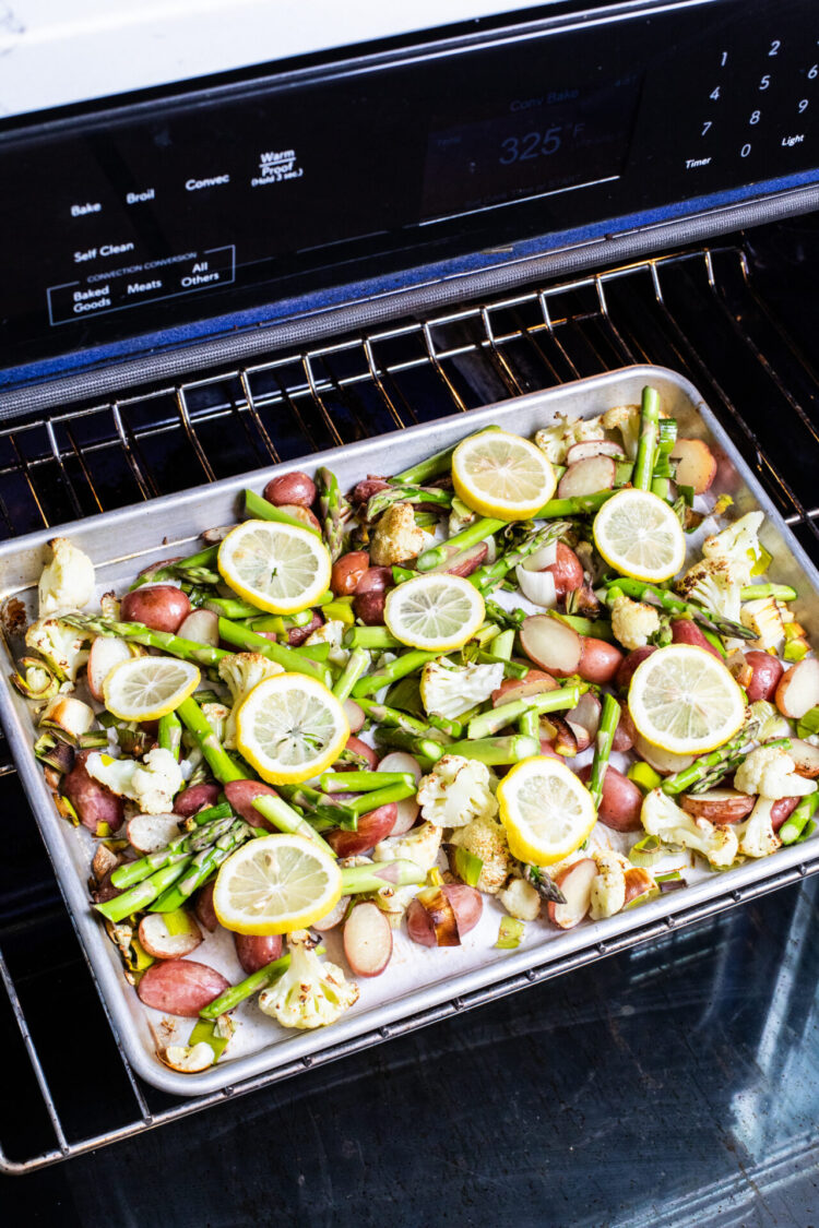 Veggies on a baking sheet in a convection oven
