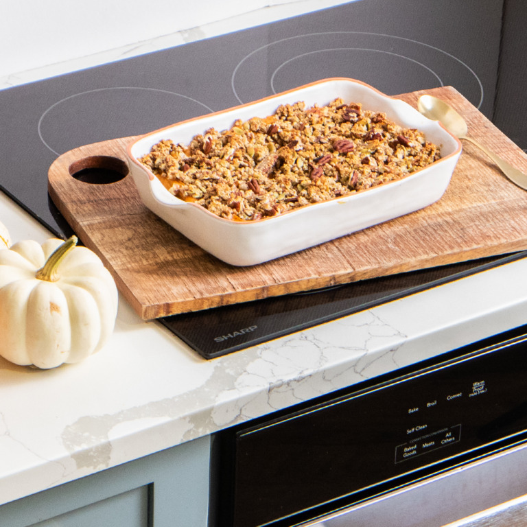 Sunkissed Kitchen's sweet potato casserole cooked in the Sharp Stainless Steel European Convection Built-In Single Wall Oven.